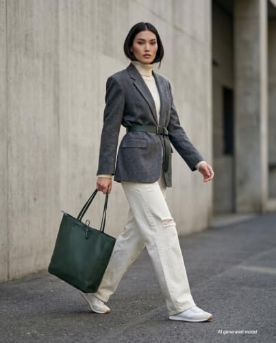 Image of Genuine Italian Leather Tote Bag for Women, Large Slouchy Purse, Dark Green | Unstructured bag, raw unlined interior with zip pocket, top zipper, side ties, folds flat, fits a 16-inch laptop, lightweight