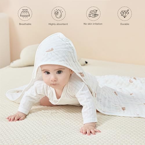 Image of JELLYMONI Muslin Baby Hooded Bath Towels for Newborn, 2 Pack 100% Cotton Baby Bath Towel with Hood for Baby, Infant, Toddler and Kids, Large 32 x 32 Inch Baby Bath Towels Soft and Absorbent