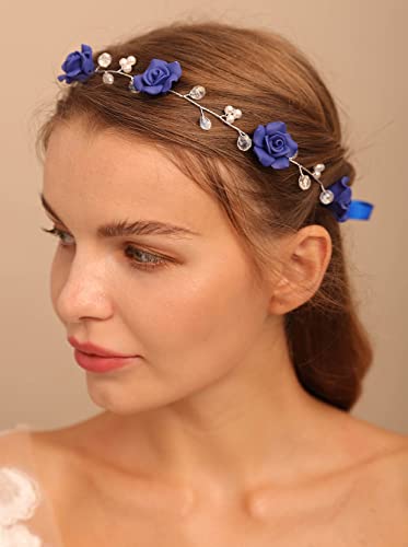 Teyglen Women Bride Wedding Blue Crystals Headband Hair Vine Handmade Bridal Navy Blue Flower Headband Wedding Hair Accessories For Brides Hair Pieces Girl Headpieces For Women And Bride #TOP7