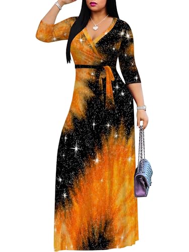 Image of Plus Size Dresses for Women Print Maxi Dresses 3 /4 Sleeve with Belt