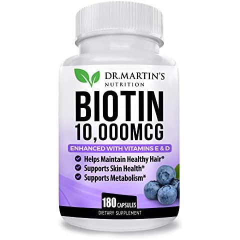 Potent Biotin (Vitamin B7) 10,000 mcg with Vitamins D & E Supplement | 180 Count | Hair, Skin And Nails | For Thicker & Stronger Hair Growth | Healthy, Youthful Skin & Strong Nails | Energy Support Cover