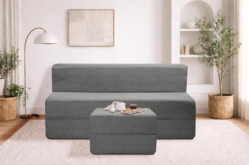 Image of Rosebell Foldable Sofa-Cum-Bed with Ottoman | 3-in-One Foldable Sofa, Lounger & Bed-5x6 Feet Three Seater- Perfect for Home & Office -Grey-Color