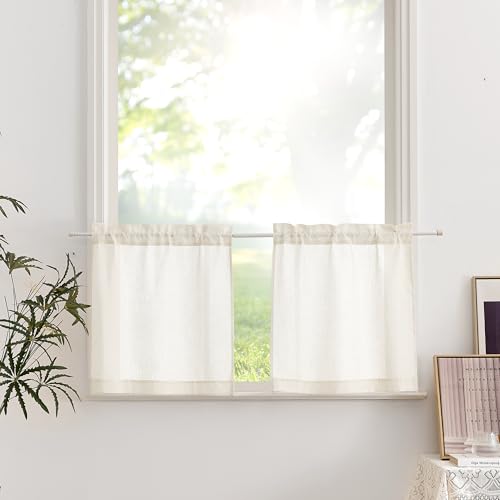 PONY DANCE Rideaux Lin Court - Rideau Cuisine 60x60 Draperies Voile Voilage en Lin Lumiere Filtrer Passe Tringle Petite Fenetre Brise Bise, L60 x H60cm, Écru,...