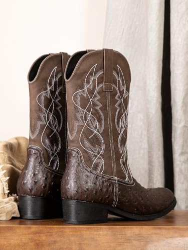 Image of Western cowboy boots, ostrich leather, embroidered design, brown, mid-calf, men's antique ostrich embossed exotic western boots round head.