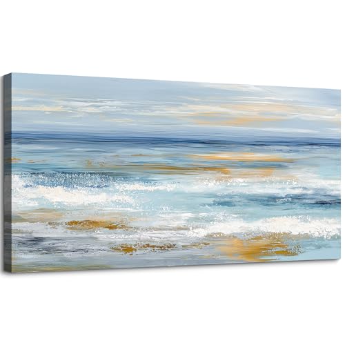 SLYCAY Large Abstract Coastal Canvas Wall Art, Gold Beach Sand Blue White Ocean Waves Modern Aesthetic Decor Minimalist Seascape Paintings Prints Hallway Bedroom Office Wall Decor 20"X40"