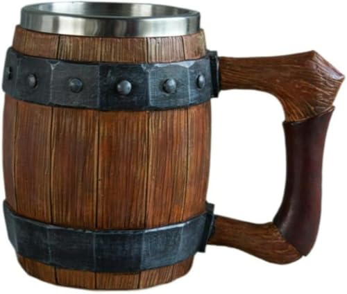 EVREFIN木製樽ビールカップクリエイティブ大容量スティック水個性人工木材ステンレススチール (110 レザーハンドルバレルカップ)