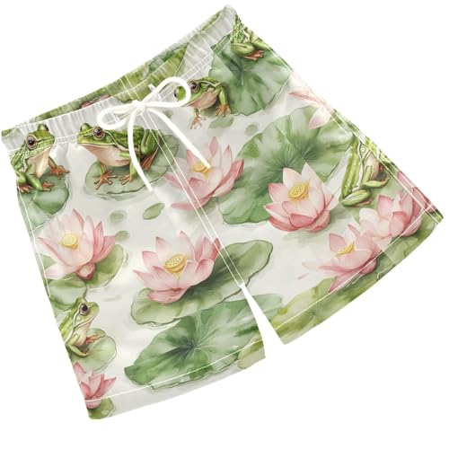 Pigsaly Boys' Swim Board Shorts Watercolor Green Frogs Lotus Flowers Boy's Swim Trunks Kids Swimwear 5T