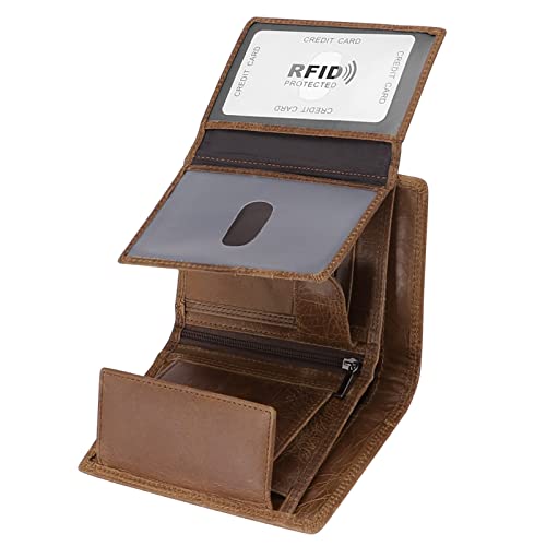 Portefeuille en cuir de vache compact marron anti-Rfid avec 10 fentes pour cartes