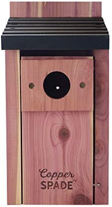 Copper Spade Cedar Bluebird House, Blue Bird Nesting Box with Fledgling Grooves, No Perch Slant Roof and Predator Guard