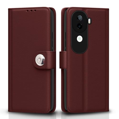 Image of Pikkme Flip Cover Leather Finish | Inside TPU with Card Pockets | Wallet Stand and Shock Proof | Complete Protection Button Flip Case for Vivo V40e 5G / iQOO Z9s 5G(Brown)