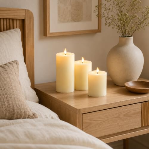 Image of JHY DESIGN Flickering Flameless Candles Battery Operated with 10-Key Remote & 2 /4 /6 /8-Hour Timer, Real Wax Pillar Grease Effect LED Candles Set for Chrismas /Home Decorations(Ivory)