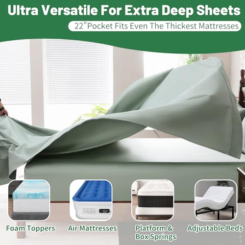 Image of Extra Deep Pocket King Sheets 18-24 Inch 100% Egyptian Cotton 1000 Thread Count Sateen Weave Soft Breathable 4 Pieces(King,Sage Green)