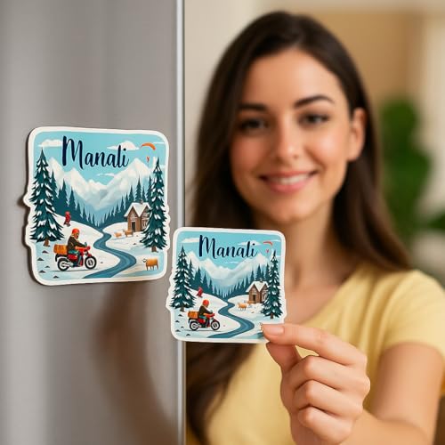 Image of Naxon Manali Town Theme Souvenir Wooden Fridge Magnet for Refrigerator - Printed Fridge Magnet for Kitchen & Home Decor | Perfect Souvenir Gift | Size 3x3 in | Pack of 1