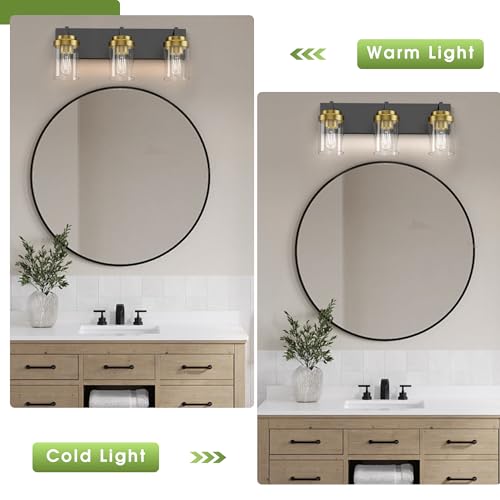 Image of Bathroom Lighting Fixtures, 3-Light Bathroom Vanity Lights Over Mirror, Black and Gold Vanity Light with Glass Shade, Modern Vanity Lighting Fixtures for Bathroom, Bedroom, Hallway