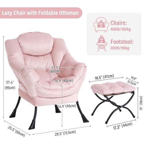 Furlide Lazy Chair with Ottoman, Modern Chair with Folding Footrest, Lounge Accent Chair, Comfortable Reading Chair, Oversized Armchairs for Bedroom, Study, Living Room, Courtyard (Pink) - view 1