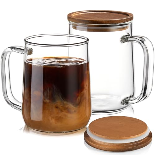 CMLKLZD Glass Coffee Mugs, 16 oz Glass Coffee Cups with Acacia Wood Lids, Clear Borosilicate Glass Mugs with Handles for Cappuccino, Tea, Latte, Hot/Cold Beverages, Wine, Americano, Set of 2