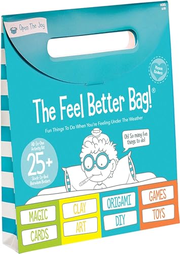 Open The Joy Feel Better Bag Get Well Soon Gifts for Kids 25+ Fun Activities & Games Kids Gift Basket with Crafts Origami Clay Art Magic Tricks & Playing Cards Comfort Care Package for Boys & Girls Ages 4+