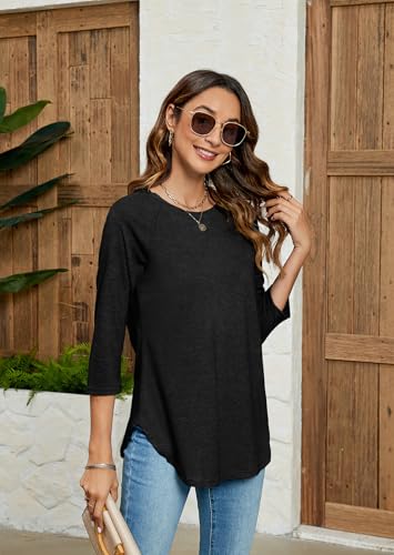 Newchoice Womens 3/4 Length Sleeve Tops Casual Round Neck Basic Tunic Shirts Loose Fit3