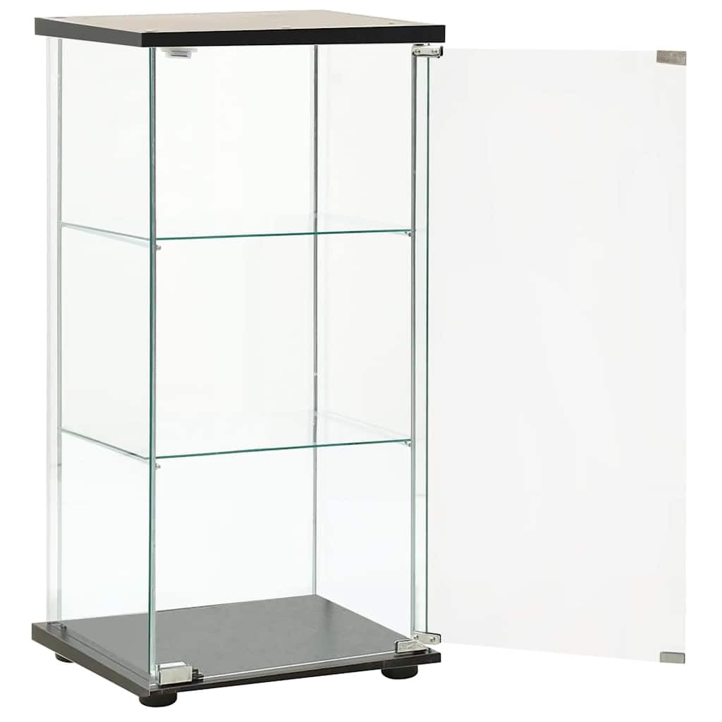 Glasvitrine mit 3 Ebenen, Vitrinenschrank 86 cm hoch aus gehärtetem Glas und Holzwerkstoff, Glasschrank Bücherschrank für Wohnzimmer, Flur und Büro, Schwarz und Transparent