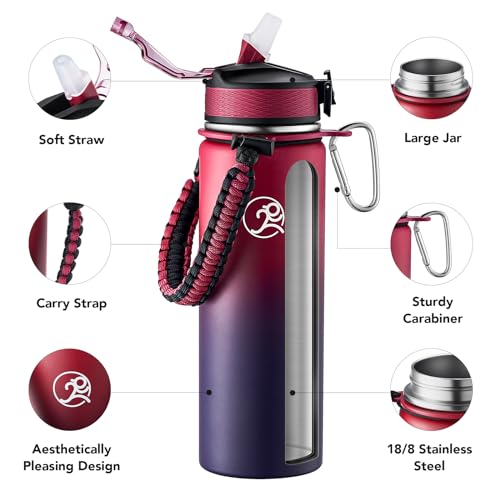 Image of GOSWAG 24oz Insulated Stainless Steel Travel Water Bottle, 2 Lids | with straw and no straw, Paracord handle, Double-wall vacuum keeps drinks cold or hot, Leakproof tumbler