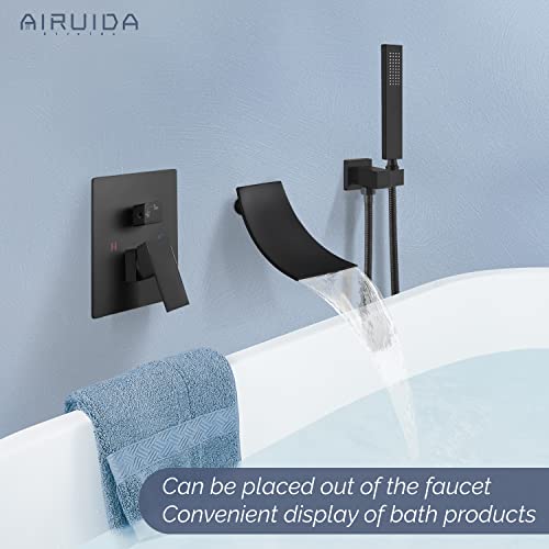 Airuida Matte Black Wall Mount Bathtub Faucet With Handheld Shower Sprayer Wall Mounted Tub Filler With Waterfall Spout Modern Single Handle Tub Shower Faucet Set Water Mixer Brass Rough-In Valve #TOP1