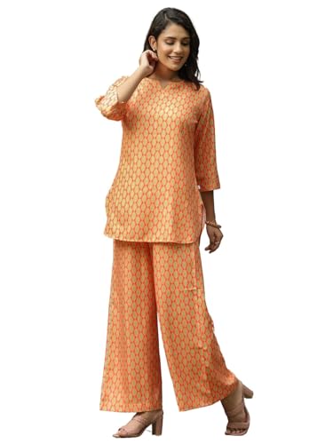 Image of GRECIILOOKS Co-ord Set for Women Stylish | Kurtis | Anarkali Viscose Printed Kurta & Straight Pant Sets | Festive Ethnic Indian Traditional Outfit for Functions & Puja | 3 /4 Half Sleeve