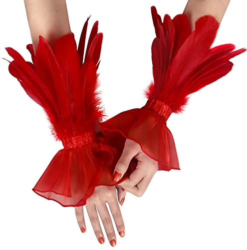UQJE 2 Pcs Womens Red Feather Gloves Gothic Lace Gloves Cuff Witch Angel Costume Accessories for Wedding Halloween Party