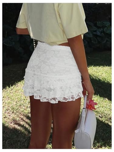 MakeMeChic Women's Floral Lace Skirt Ruched Tiered Layered Ruffle Y2k Short Skirts2