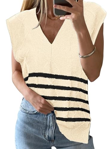 Glamaker Women Striped Sweater Vest Sleeveless V Neck Knit Oversized Casual Cap Sleeve Fall Tops 2025 Trendy