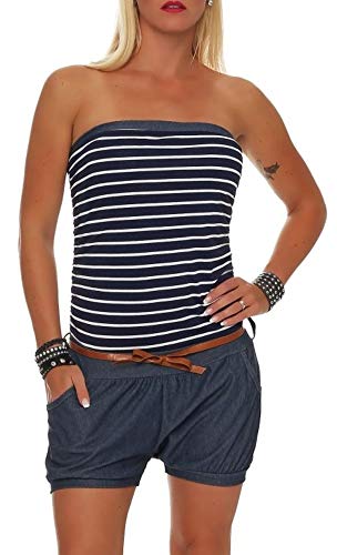 Malito Damen Einteiler kurz im Marine Design | Overall mit Gürtel | Jumpsuit im Jeans Look | Romper - Playsuit 9646 (dun...