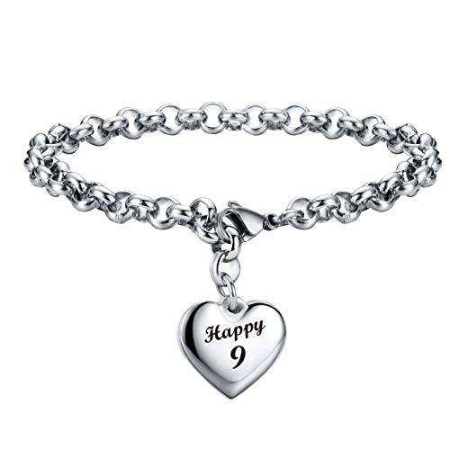 SANNYRA 9th Birthday Gifts Bracelet Heart Charm Bracelet for 9 Year Old Girl Adjustable Jewelry Gift for Her - Image 3