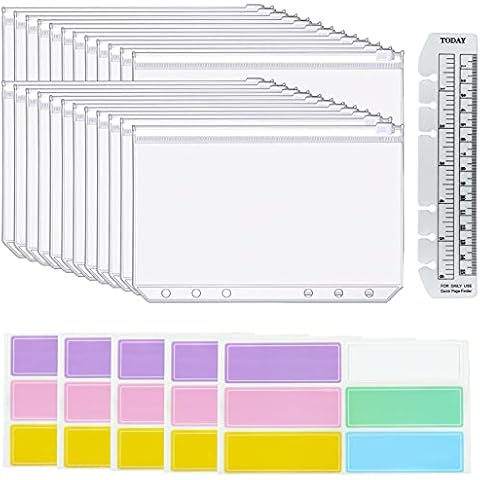24 Pcs Binder Pockets A5 Size 6 Holes, Waterproof Cash Envelopes Budget Wallet Zipper Budget Planner with Self-Adhesive Sticker Labels Bookmark Ruler for 6 Ring A5 Budget Binder, Budget Book, Saving Cover