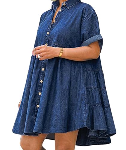 Image of Sexyshine Women's Plus Size Denim Babydoll Dress Short Sleeve Button Down Flowy Tiered Jeans Shirt Dress