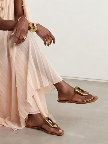 Image of PARTY Square Toe Flip Flops Women,Fashion Designer Thong Sandals with Gold Buckle Trendy Summer Comfort Flat Sandals