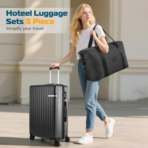 Image of Hoteel Luggage Sets 3 Piece, 4-Yr Warranty, PC+ABS Suitcases with Wheels and Side Hook, Hardshell 20 inch Luggage with Duffel Bag Travel Bag, Black(20 /DB /TB)