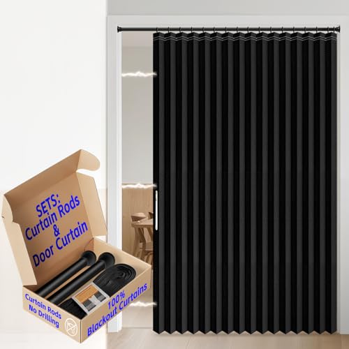 Image of AJAZZ Blackout Sliding Door Curtains with Curtain Rods Adjustable 28-63 inch Long, Magnetic Door Curtain for Bedroom Living Room Doorway Curtain Sets (1 Pack, 72 W x 78 L, Black)