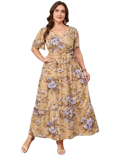 Image of ShopWonder Womens Plus Size V Neck Wrap Maxi Dress High Waist Ruffle Summer Casual Dress with Belt