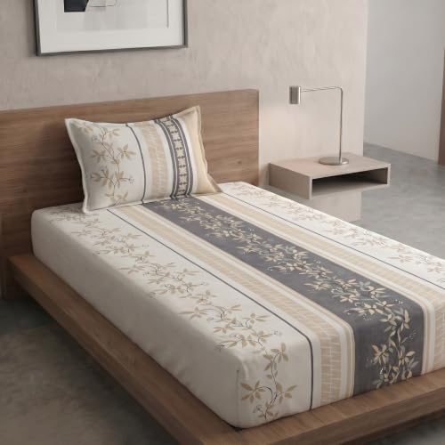 Image of Home Sizzler Microfibre Floral Striped Print All-Around Elastic Fitted Single Bedsheet (36 x 72 Inches) with 1 Pillow Cover - Beige & Grey