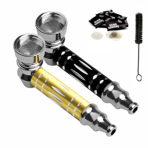 2-Pack Leak-Proof Metal Tobacco Pipe Kit – 3 Inch Smoking Pipes (Yellow + Black) with Cleaner Tool, Brush, 10pcs Pipe Screens & Storage Pouch | Durable Smoking Pipe Accessories Kit