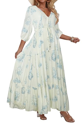 Image of Women Short Sleeve V Neck Floral Print Casual Bohemian Maxi Dresses