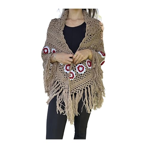 Handmade Crochet tassels Fringed Poncho Cape Shawls Wraps Granny Square Womens Coat Sweater 68x35in
