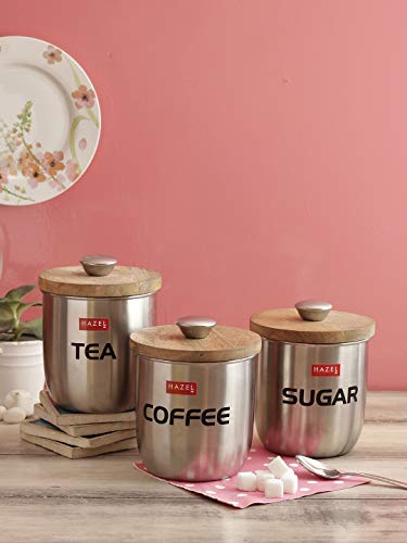 Hazel Stainless Steel Tea Coffee Sugar Containers For Countertop | Containers For Tea Sugar Coffee With Wooden Lid & Matt Finish Lid Set Of 3, 44.8 Fl.oz. #TOP1