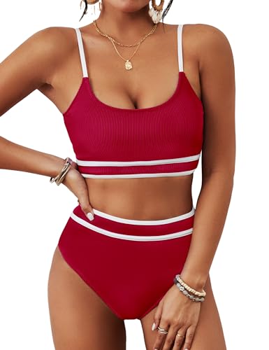 Image of BMJL Women's High Waisted Bikini Ribbed Two Piece Swimsuit High Cut Color Block Adjustable Straps Bathing Suit