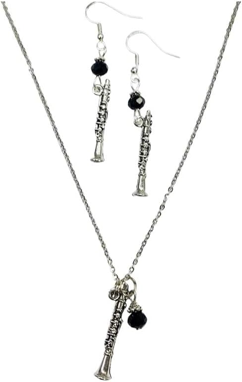 Clarinet, Clarinetist, Musician Necklace & Earring Set, with jet black crystal faceted accent beads, on 20 inch chain and sterling silver earwires