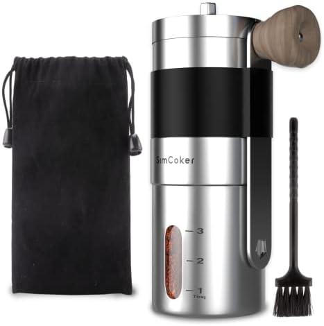 SimCoker Manual Coffee Grinder Ceramic Burrs Hand Coffee Grinder 304 Stainless Steel Compact size, Includes Cleaning Brush, Storage Pouch
