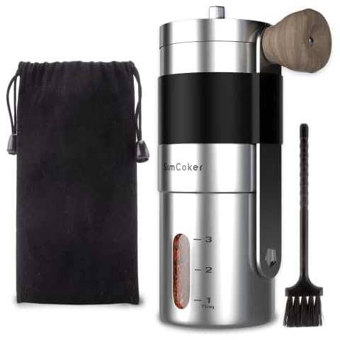 SimCoker Manual Coffee Grinder Ceramic Burrs Hand Coffee Grinder 304 Stainless Steel Compact Size, Includes Cleaning Brush, Storage Pouch Cover