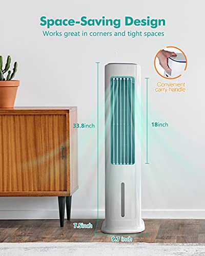 Evaporative Air Cooler, Portable Tower Fan and Humidifier, 1.3 Gal Water Tank, 3 Wind Speeds & 3 Modes, 50° Oscillation, 12H Timer, Remote Control, Sunday Living Quiet Swamp Cooler, 2 Ice Packs