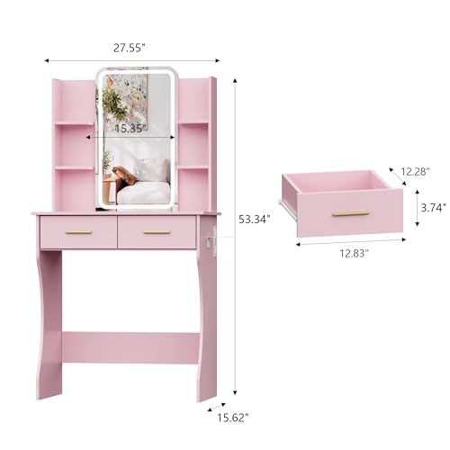 Image of HUANLEGO Small Pink Vanity Desk with Mirror and Lights for Women Girls | Vanity Mirror with Lights, 3 Lighting Adjustable, LED Light Strips, Built-in Power Outlet, Compact Dressing Table For Girls