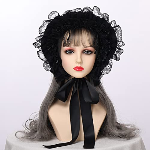 COSDREAMER Girls Women Victorian Bonnets Lace Flowers Tea Party Hats (Black) - Image 4