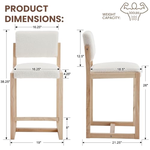 Conjunto de 4 butacos de altura para barra (26 pulgadas) HNY, color blanco Sherpa | Estructura de caucho sólido con asiento y respaldo tapizados, base deslizante moderna para isla de cocina, bar en casa miniatura 2